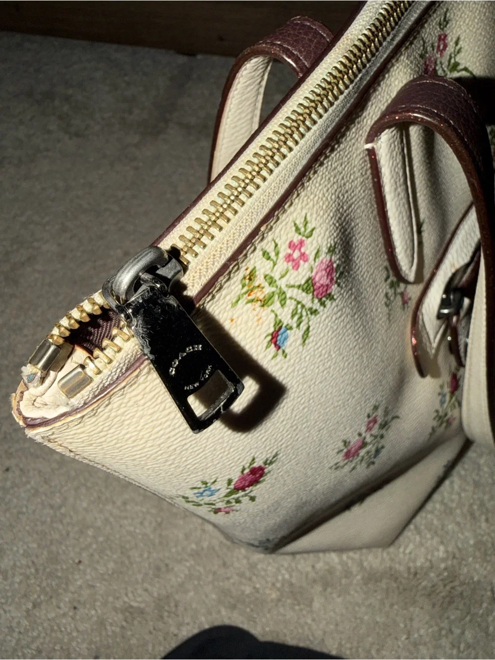 Coach Cream Floral Pebble Leather Tote with Brown Straps